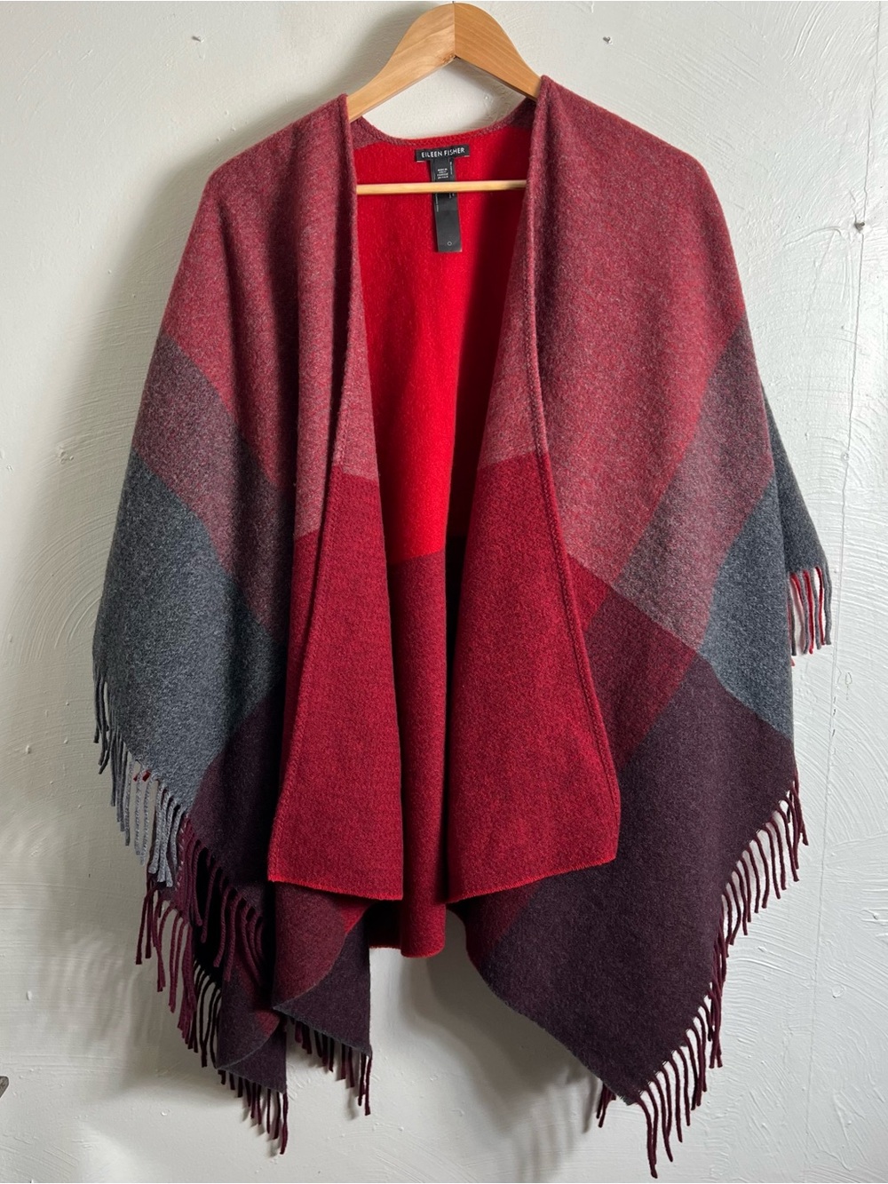 Eileen Fisher 100% Wool Wrap Poncho Shawl Fringe Kimono